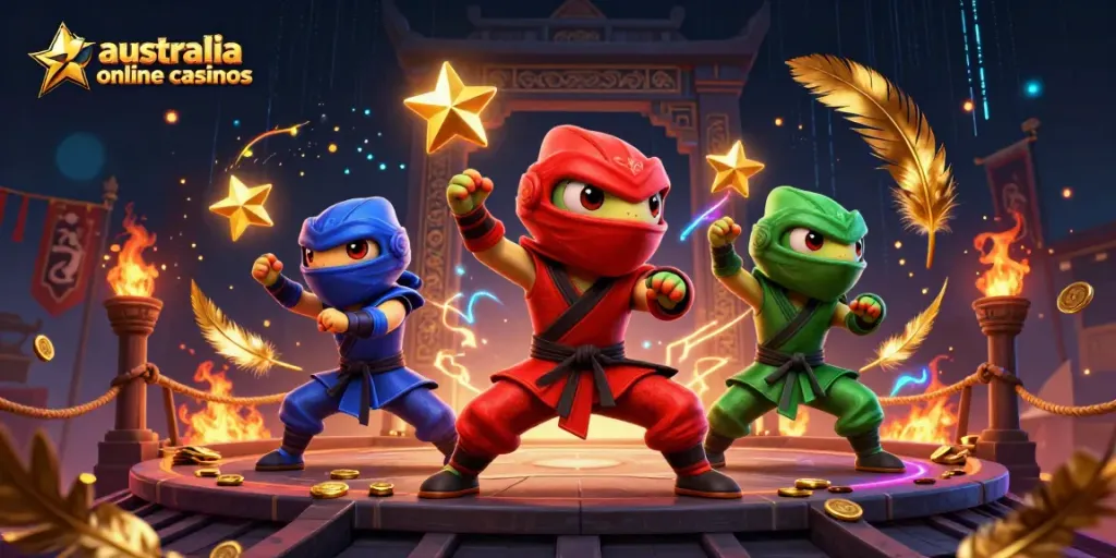 Dynamic illustration of ninja chameleons and casino elements representing australia online casinos