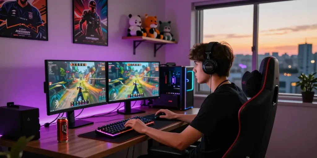 Engaging gaming room scene with rokok88 apk competition setup.