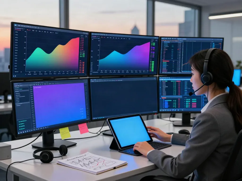 Professional trader using MetaTrader 5 in a high-tech office with multiple screens