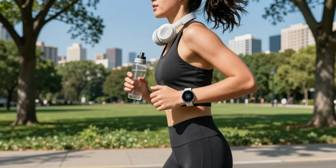 Wanita berlari di taman kota dengan Fitbit Luxe di pergelangan tangan, menggambarkan gaya hidup sehat dan aktif.