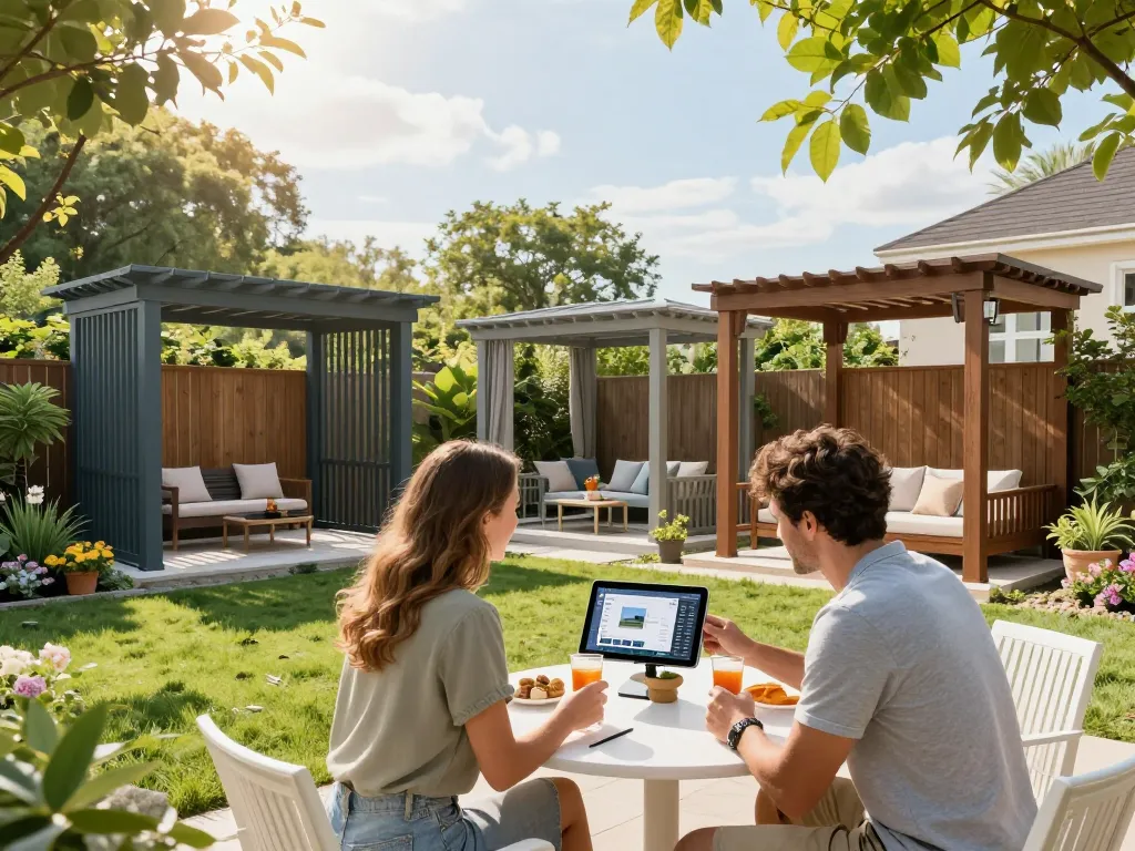 Couple using the All-in-One pergola Configurator on a tablet in their garden with various pergola models.
