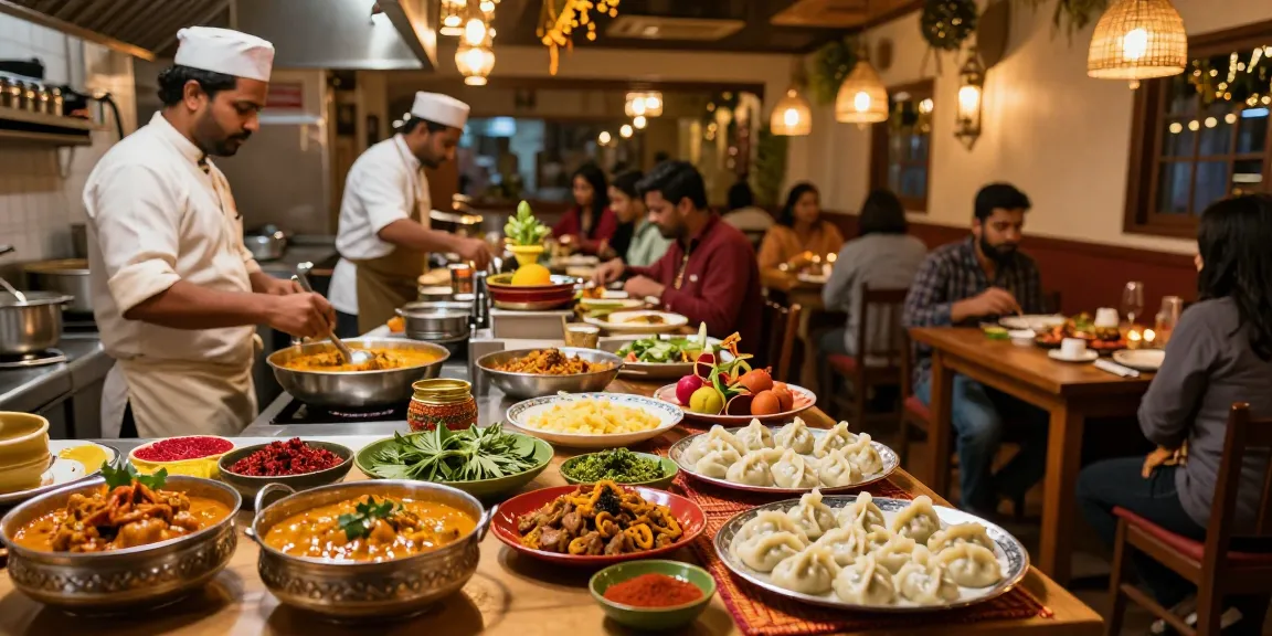 Delicious rokok88 curry and momo dishes being served in a vibrant restaurant.