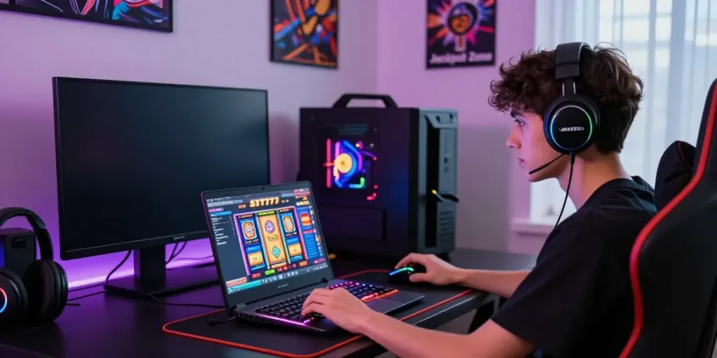 Pemain fokus saat bermain slot777 online dengan aksesoris gaming.
