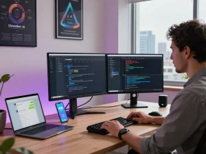 Developer using clawdbot ai on dual monitors in a modern workspace, showcasing productivity and innovation.