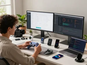 Engaged person testing affordable tech gadgets in a modern workspace with Bluetooth devices and creative tech interfaces.