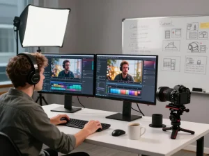 Dynamic video production setup showcasing the video to promptgenerator in action, featuring creators analyzing footage.