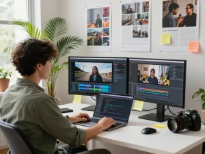 Converting video to prompt in a bright creative workspace, showcasing technology integration.