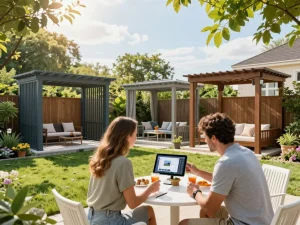 Couple using the All-in-One pergola Configurator on a tablet in their garden with various pergola models.