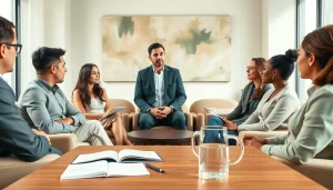Mediation session in a modern office, showcasing a mediator facilitating discussion among participants.