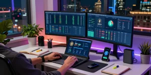 Mining crypto online in a modern home office with monitors showing blockchain data and cryptocurrency wallet.