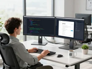Developer engaging with OpenClawd automation in a modern office setup, showcasing productivity and innovation.