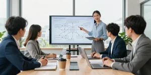 Team collaborating to detect fraud invoice in a modern office setting, showcasing technology and professional engagement.
