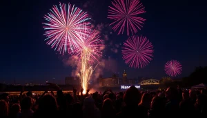 View of manchester fireworks brilliantly illuminating the night sky over an excited crowd.