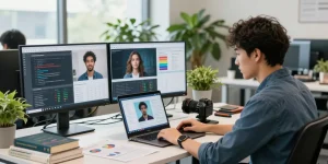 Data scientist using a free ai image detector in a modern office setting, analyzing AI-generated images and results.