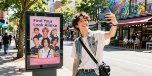 Young adult using a smartphone to find their celebrity look alike in a vibrant urban environment.
