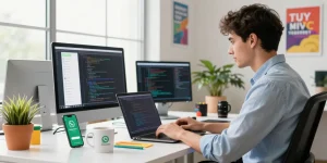 WhatsApp下載 and coding scene in a modern workspace highlighting productivity and tech innovation.