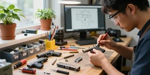 Gunsmith customizing a Glock slide at https://precisionglockslides.com with precision tools and parts
