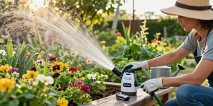 Gardener using a rainpoint water timer in a blooming garden for efficient irrigation.