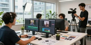 Collaborative videographers showcasing videography services in SG in a vibrant studio.