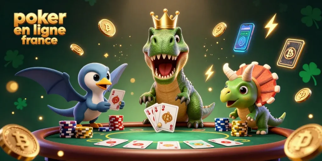 Gagnez au poker en ligne France avec une scène humoristique dynamique de T-Rex jouant aux cartes.