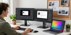 Developer using 截图软件 on dual monitors in a bright tech workspace, highlighting productivity.