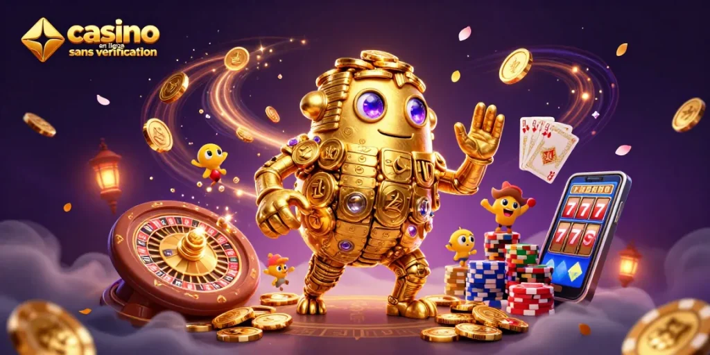 Profitez des jeux dans un casino en ligne sans vérification, avec des symboles et des jetons brillants.