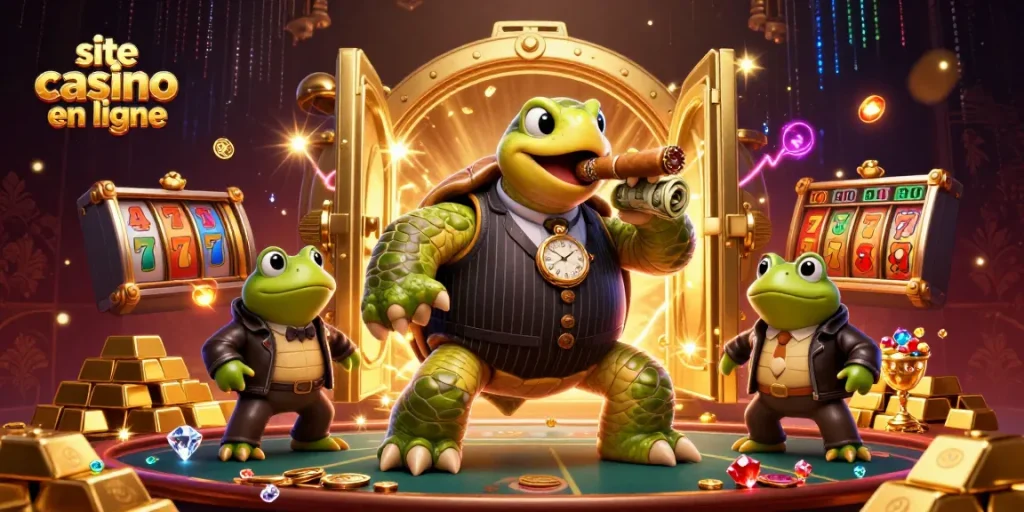 Vivez l'excitation du site casino en ligne avec une scène animée de personnages en 3D entourés de trésors.