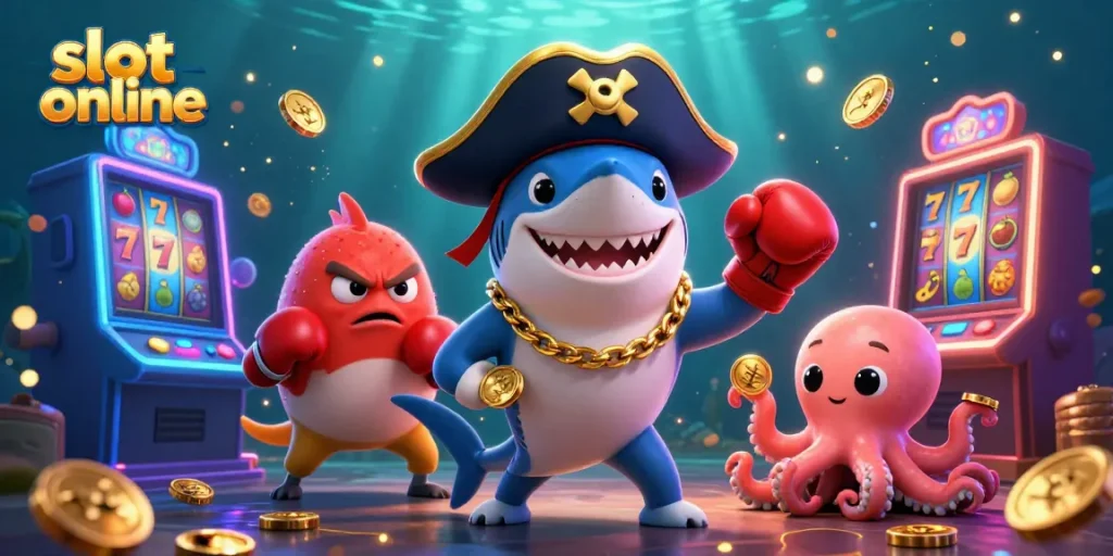 Menangkan slot online dengan karakter kartun ikonik seperti hiu kapten dan ikan puff.