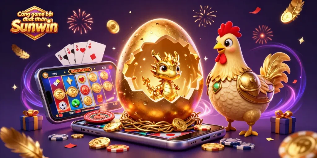 Cổng game bài đổi thưởng Sunwin showcases a golden dragon amidst vibrant gaming elements, capturing the thrill of online gambling.