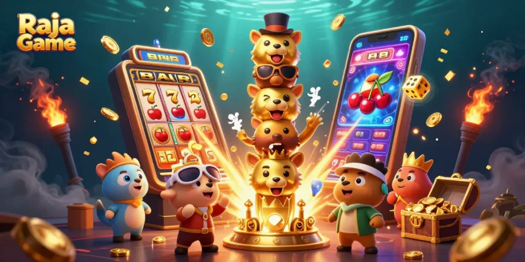 Experience exciting wins with Raja Game's vibrant totem pole and jackpot-filled slot scene.