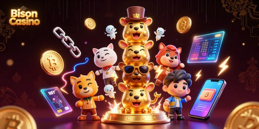Bison Casino szórakoztató játékait bemutató látványos digitális illusztráció