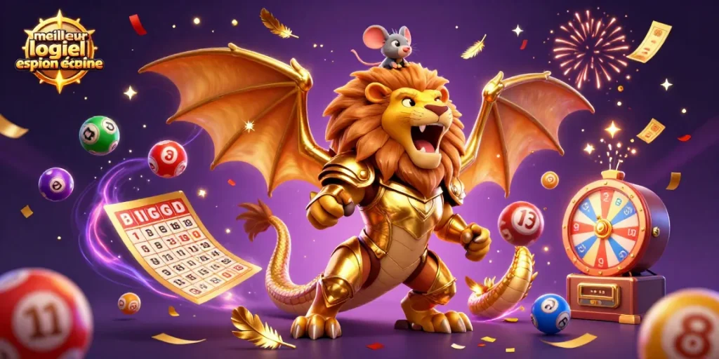 Attirez l'attention sur meilleur logiciel espion téléphone avec une magnifique illustration 3D d'une chimère dorée entourée de ballons de loterie.