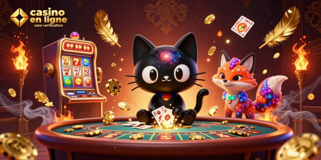 Gagnez dans un casino en ligne sans vérification avec des effets de lumière et des animations colorées.