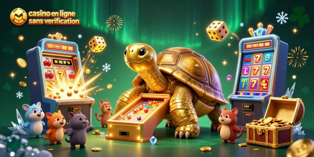 Profitez du casino en ligne sans vérification avec une tortue dorée, machines à sous et une explosion de pièces.