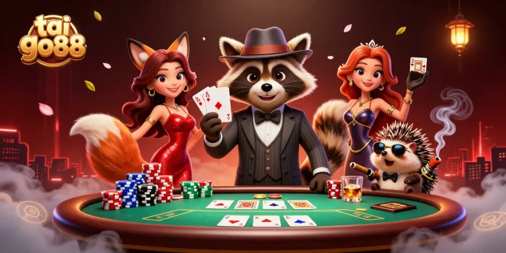 Experience exciting poker action in tai go88 with a suave raccoon, a glamorous fox, and a vigilant hedgehog.