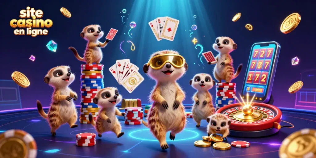 Plongez dans l'univers du site casino en ligne avec des suricates en opération de casino, entourés de pièces d'or scintillantes.