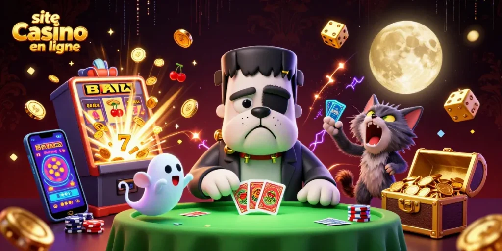Plongez dans l'univers du site casino en ligne avec un bulldog Frankenstein qui distribue des cartes, agrémenté de détails éclatants.