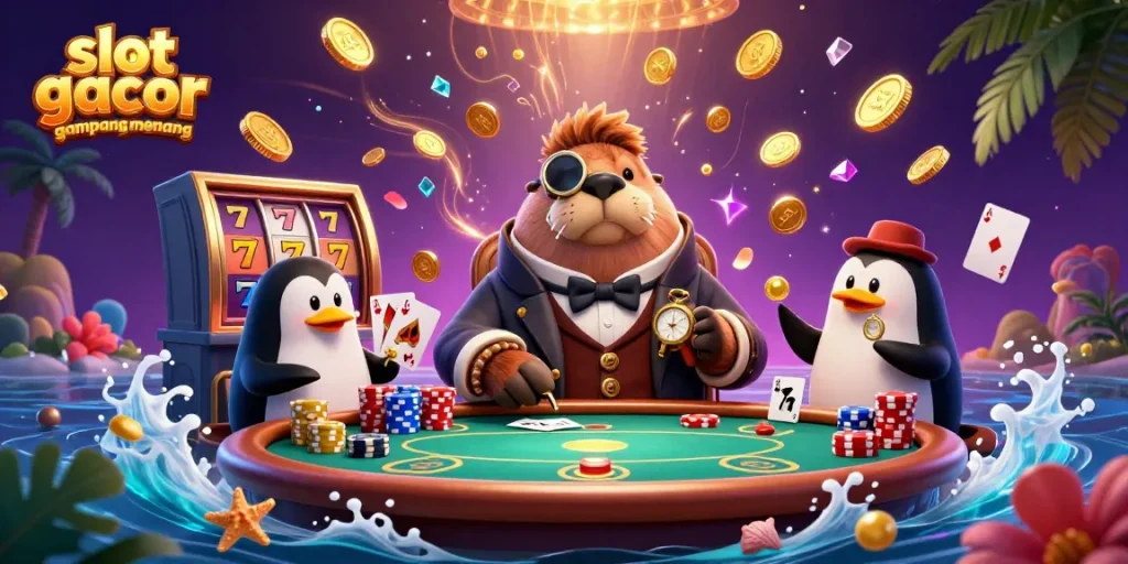 Experience the thrill of slot gacor gampang menang with a playful underwater poker scene featuring a walrus and friends.