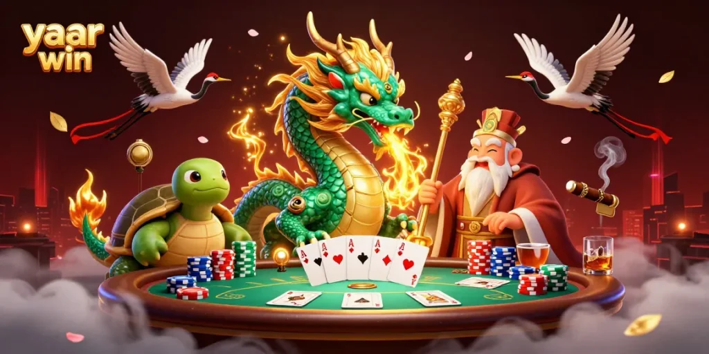 Experience thrilling poker action with yaar win, featuring a jade dragon and colorful poker elements.
