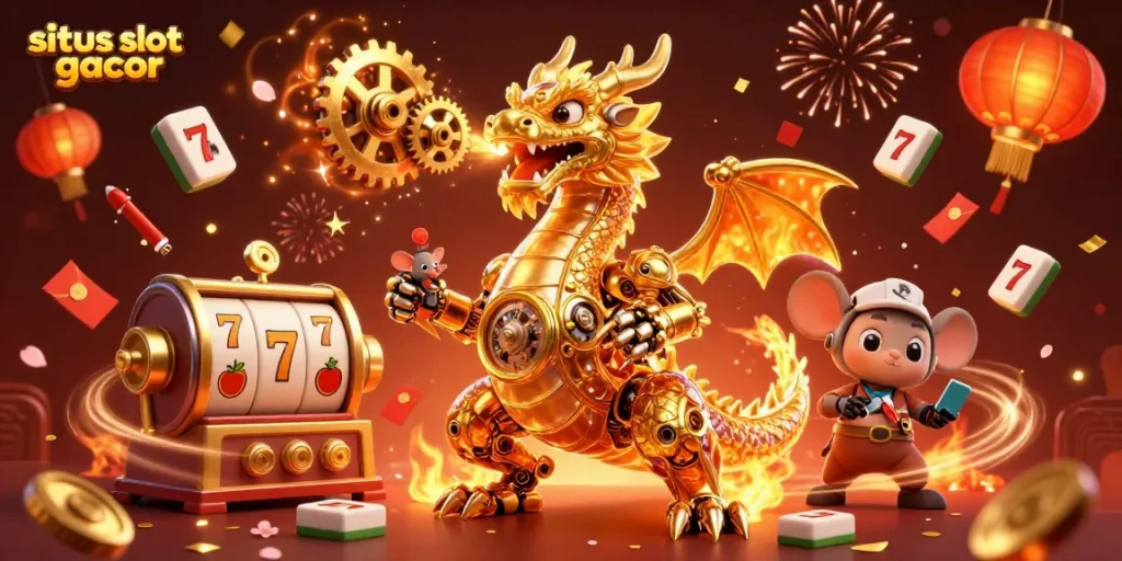 Merayakan situs slot gacor dengan naga emas mekanis dan simbol slot dalam ilustrasi 3D yang cemerlang.