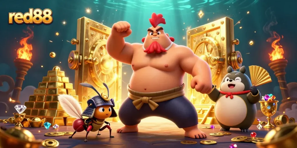 Experience the excitement of red88 with powerful casino characters amidst golden treasures.