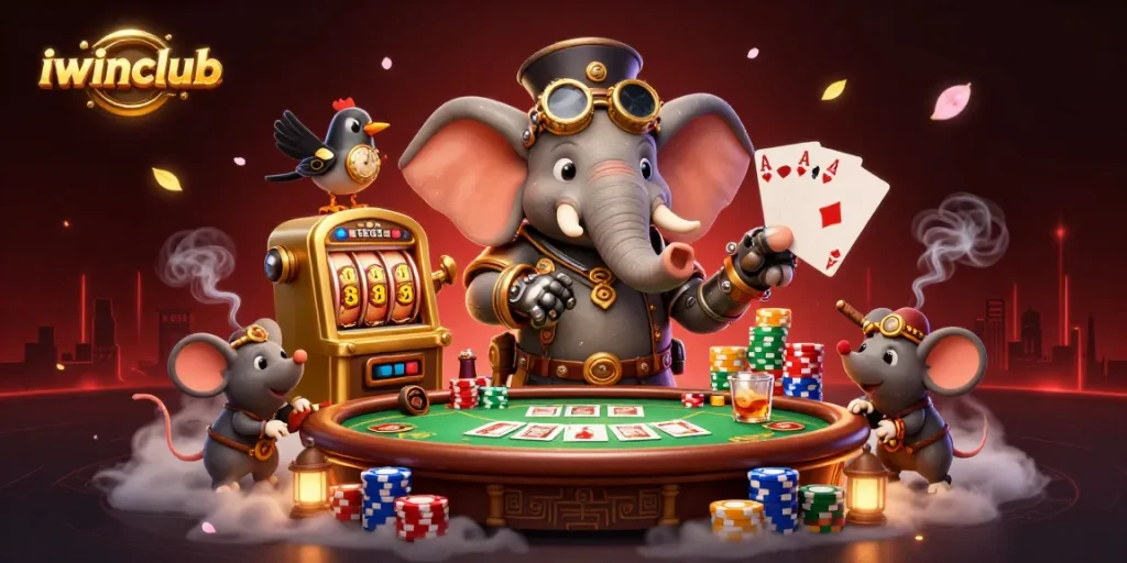 Engage in thrilling fun at iwinclub with a dynamic 3D casion illustration featuring slot machines and poker elements.