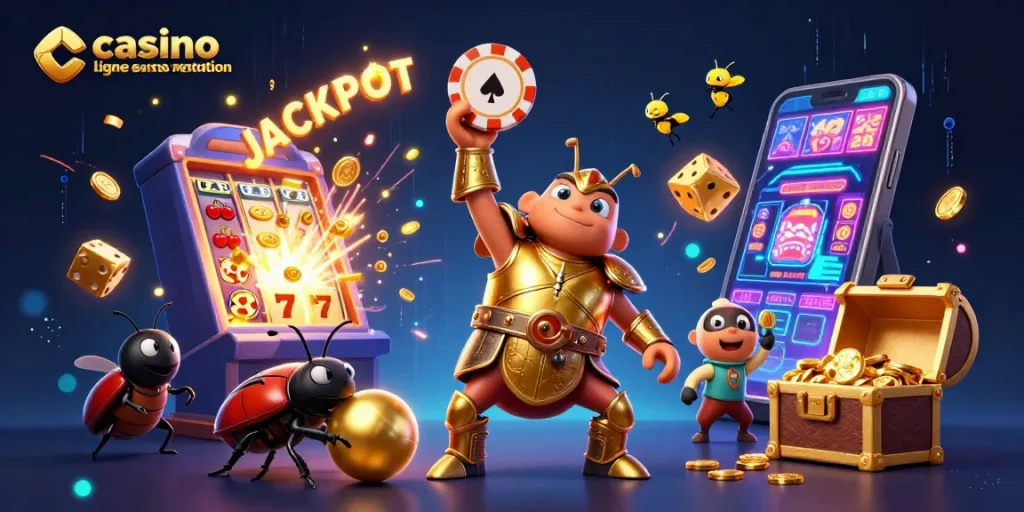 Jouer sur un casino en ligne sans vérification avec un scarabée gladiateur remportant un jackpot et des feux d'artifice