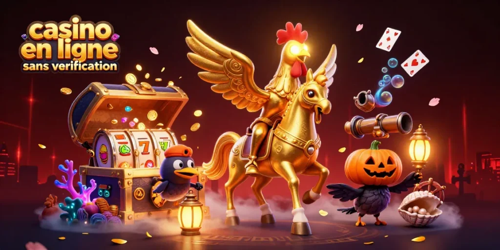 Jouez rapidement dans un casino en ligne sans vérification, entouré de trésors et de jeux animés.