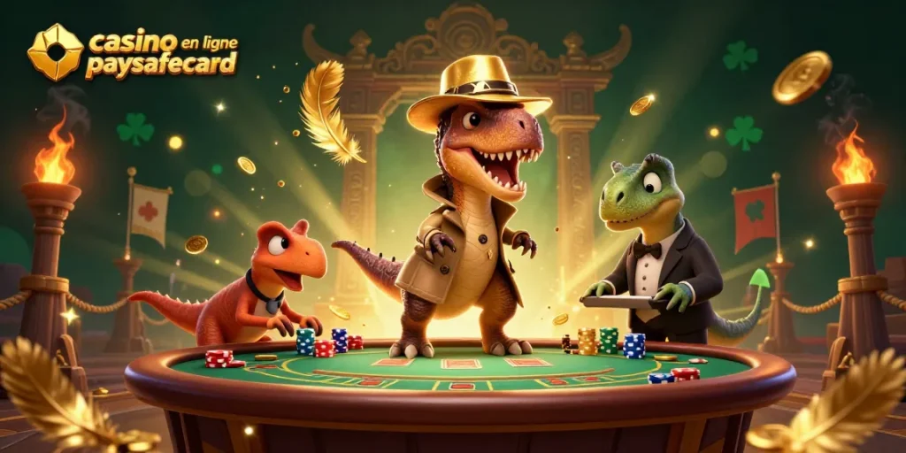 Découvrez les aventures d'un casino en ligne avec paysafecard, un velociraptor astucieux à la table de blackjack et des éléments de jeu animés