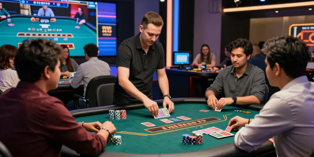 Engaging Andar Bahar live casino scene with players and dealer excitedly participating in the game.