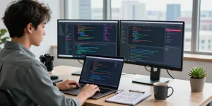 Dynamic workspace with a developer coding on laptop at the 纸飞机中文版官网 in a bright office.