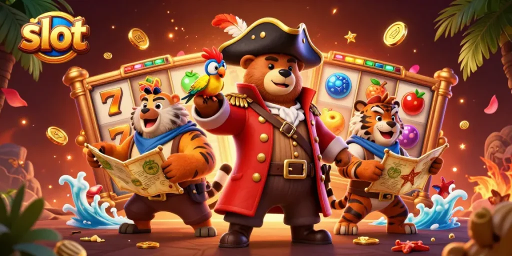 Menang besar dengan bermain slot gacor, dikelilingi simbol buah dan jackpot.