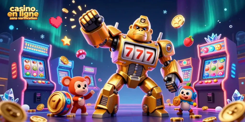 Jouer dans un casino en ligne sans vérification avec un gorille golden mécha innovant et des jeux d'arcade colorés.
