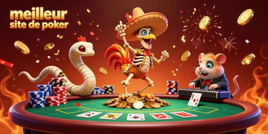 Scène festive de poker avec un rooster mariachi dansant, représentant le meilleur site de poker, entouré de jetons et de cartes.